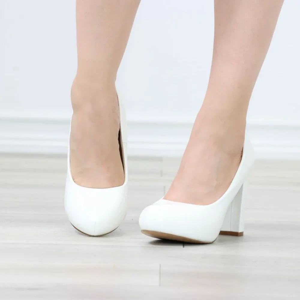 Classic White Patent Platform High Heels Slip On Round Toe Pumps - Picture 11 of 12